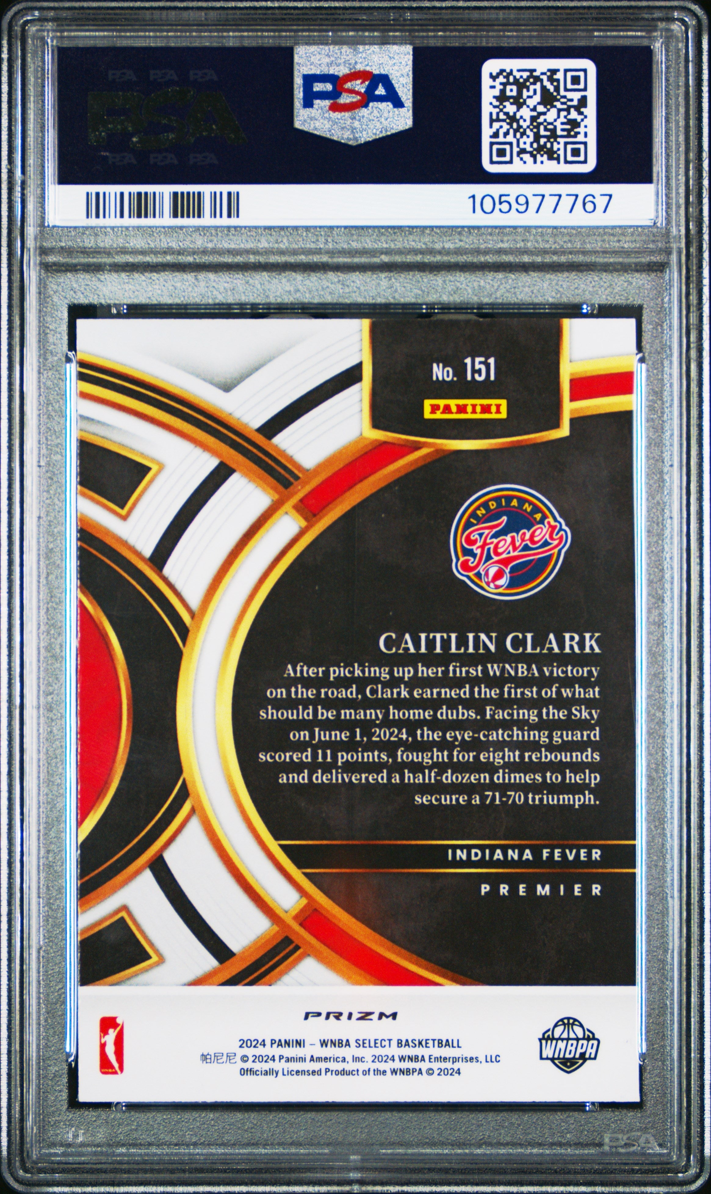 2024 Panini Select WNBA Caitlin Clark Silver Prizm #151 PSA 10 Indiana Fever - Graded Sports Cards