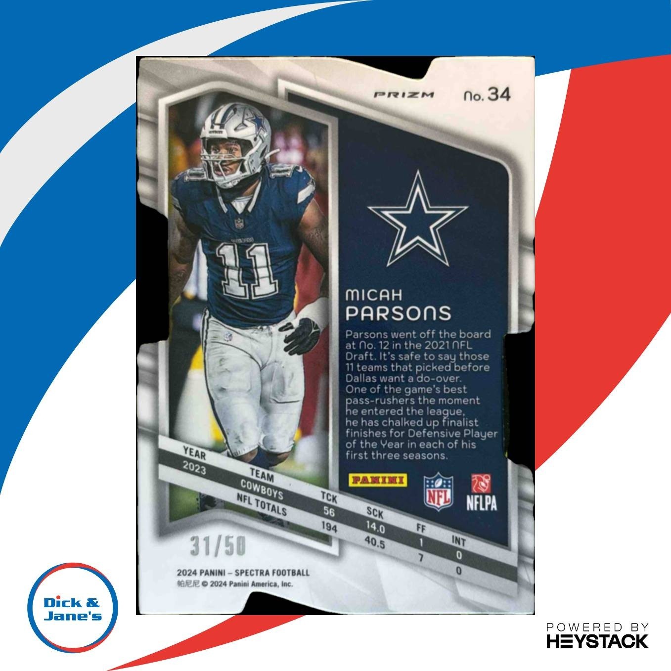 2024 Panini Spectra Micah Parsons Neon Blue Die-Cut 31/50 #34 Dallas Cowboys - Sports Cards