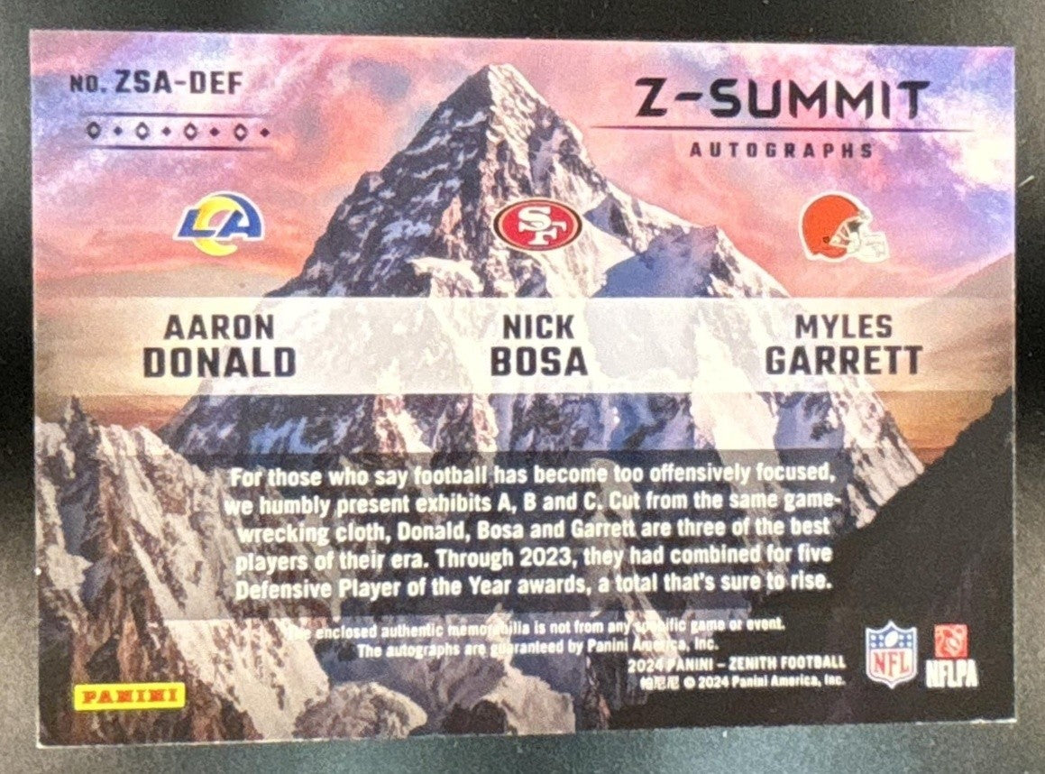 2024 Panini Zenith Aaron Donald Myles Garrett Nick Bosa Z Summit Patch Auto /5 - Sports Cards