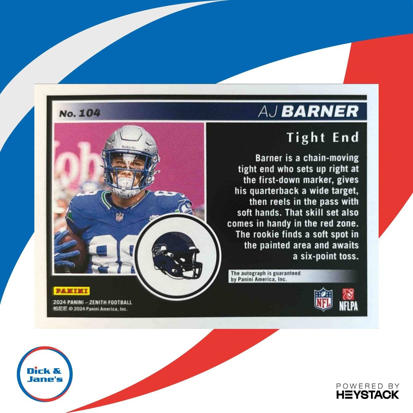 2024 Panini Zenith AJ Barner Rookie Auto No Huddle RED #104 RC Seattle Seahawks - Sports Cards