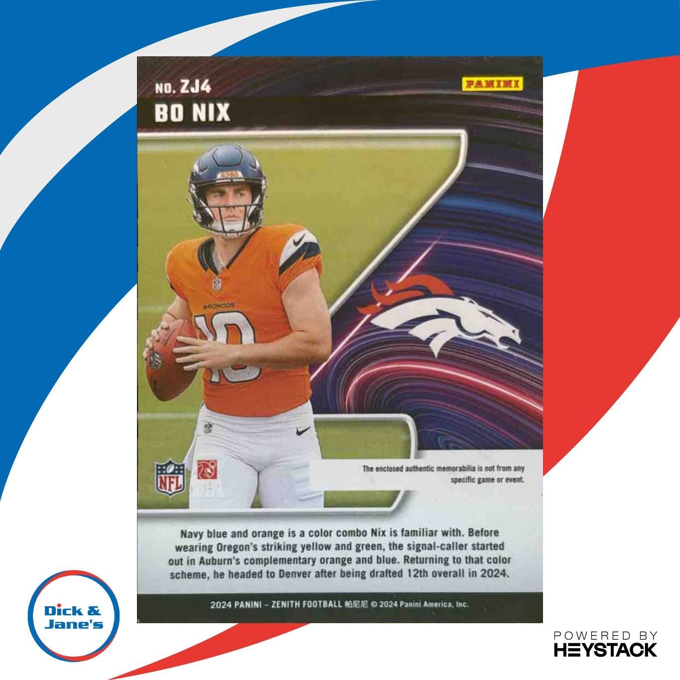 2024 Panini Zenith Bo Nix Z-Jersey #ZJ-4 MEM RC Denver Broncos - Sports Cards