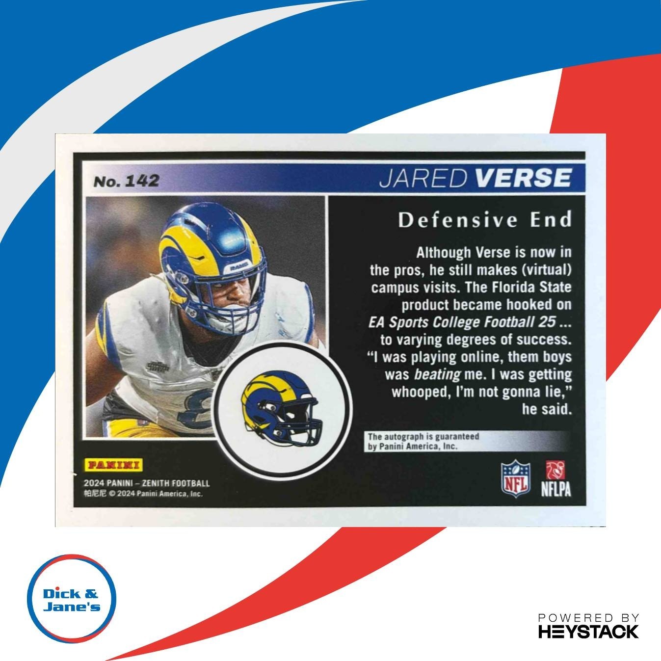 2024 Panini Zenith Jared Verse Rookie Auto Two Minute Drill Red #142 RC Rams - Sports Cards