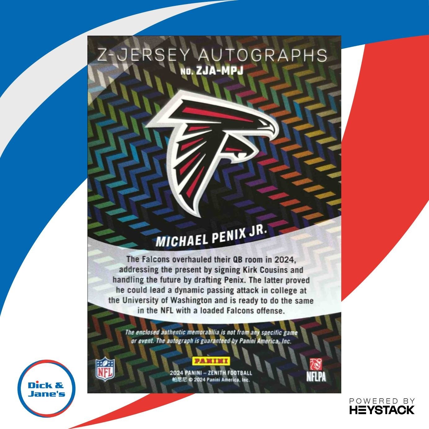 2024 Panini Zenith Michael Penix Jr. Z-Jersey Auto /99 MEM RC Atlanta Falcons - Sports Cards