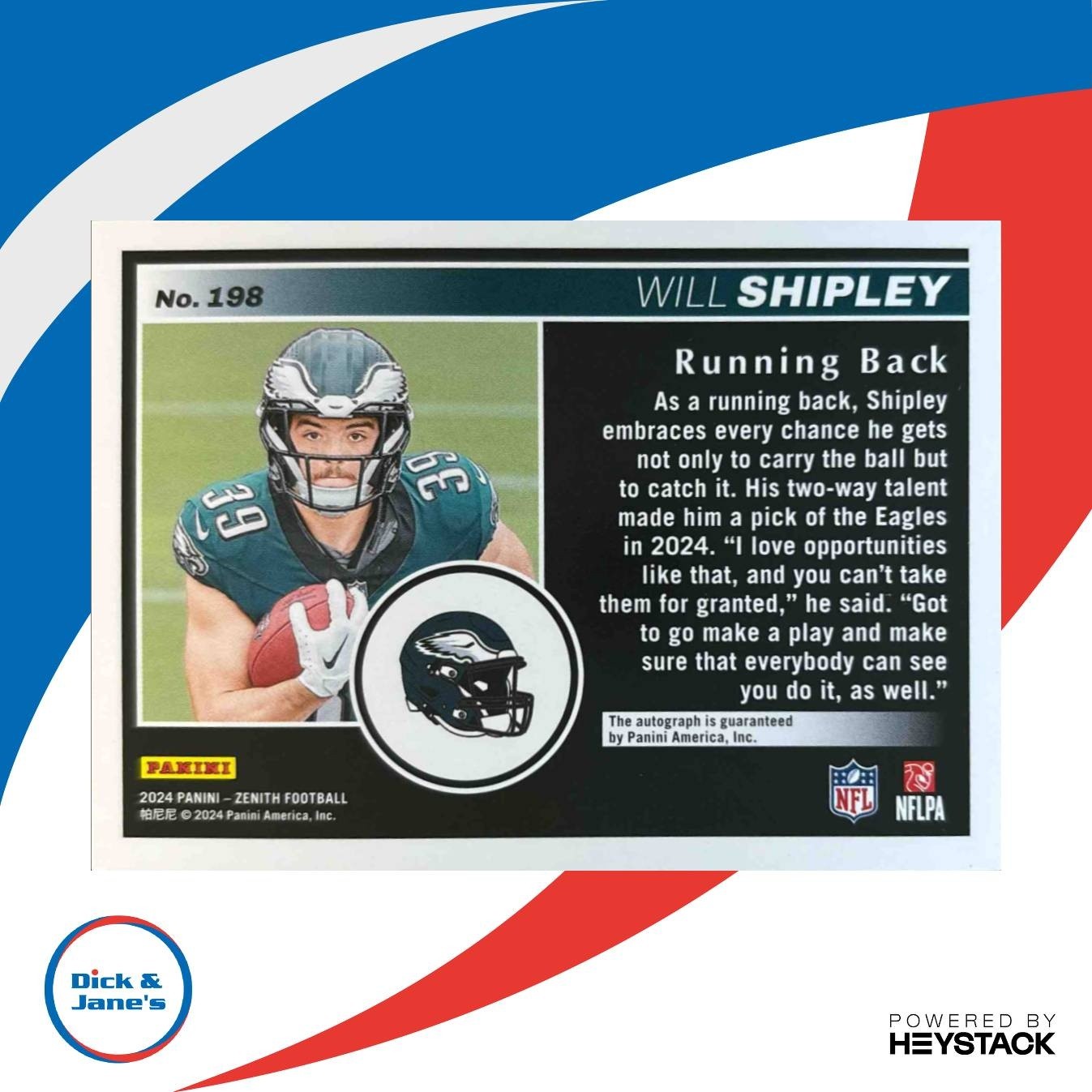 2024 Panini Zenith Will Shipley Rookie Auto No Huddle #198 RC Philadelphia Eagle - Sports Cards