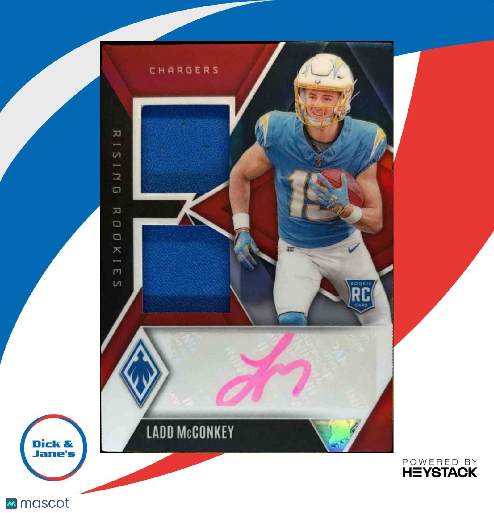 2024 Phoenix Ladd McConkey Rising Rookie Dual Patch Auto Red /99 RC Chargers - Sports Cards