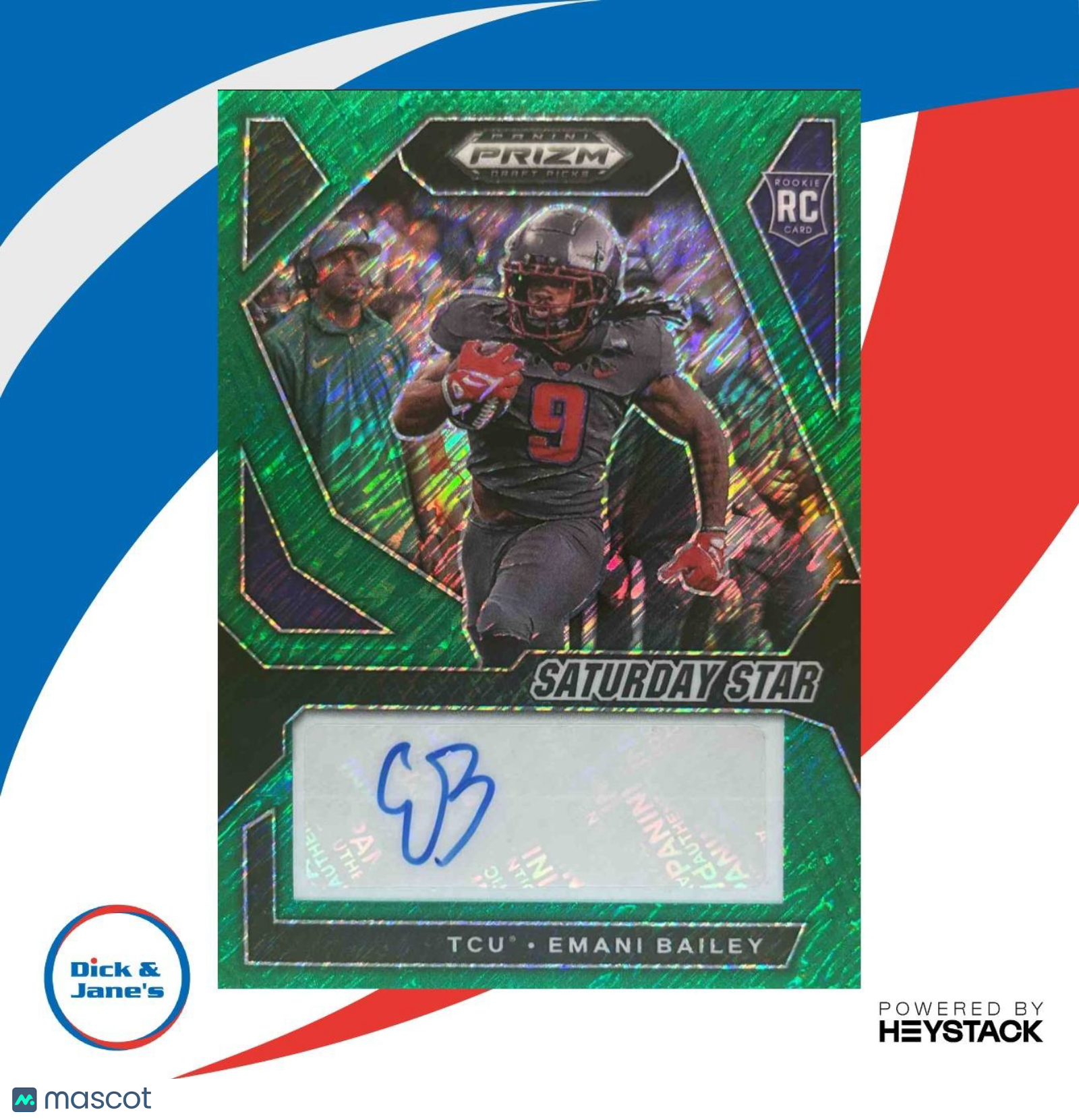 2024 Prizm Collegiate Emani Bailey Saturday Star AUTOS Green Shimmer /8 RC Frogs - Sports Cards
