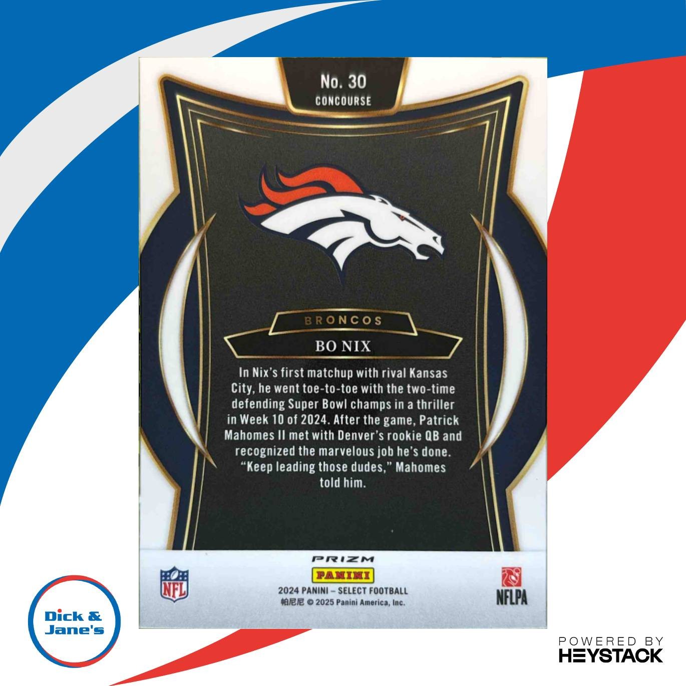 2024 Select Bo Nix Concourse Red and Blue Prizm Shock #30 RC Denver Broncos - Sports Cards