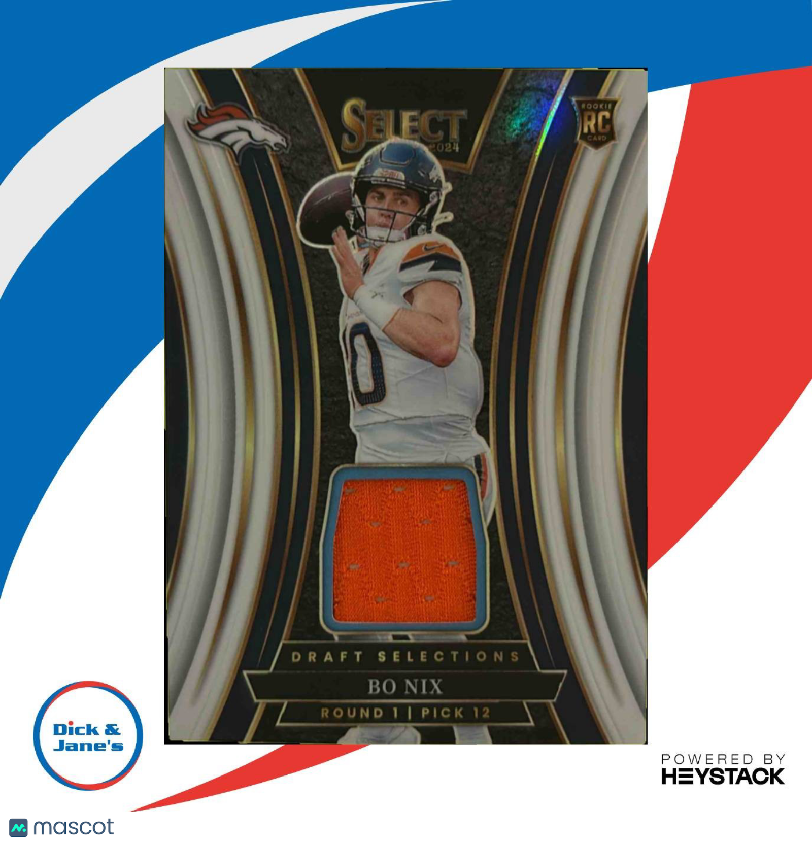 2024 Select Bo Nix Draft Selections Memorabilia White Prizm 44/75 Denver Broncos - Sports Cards