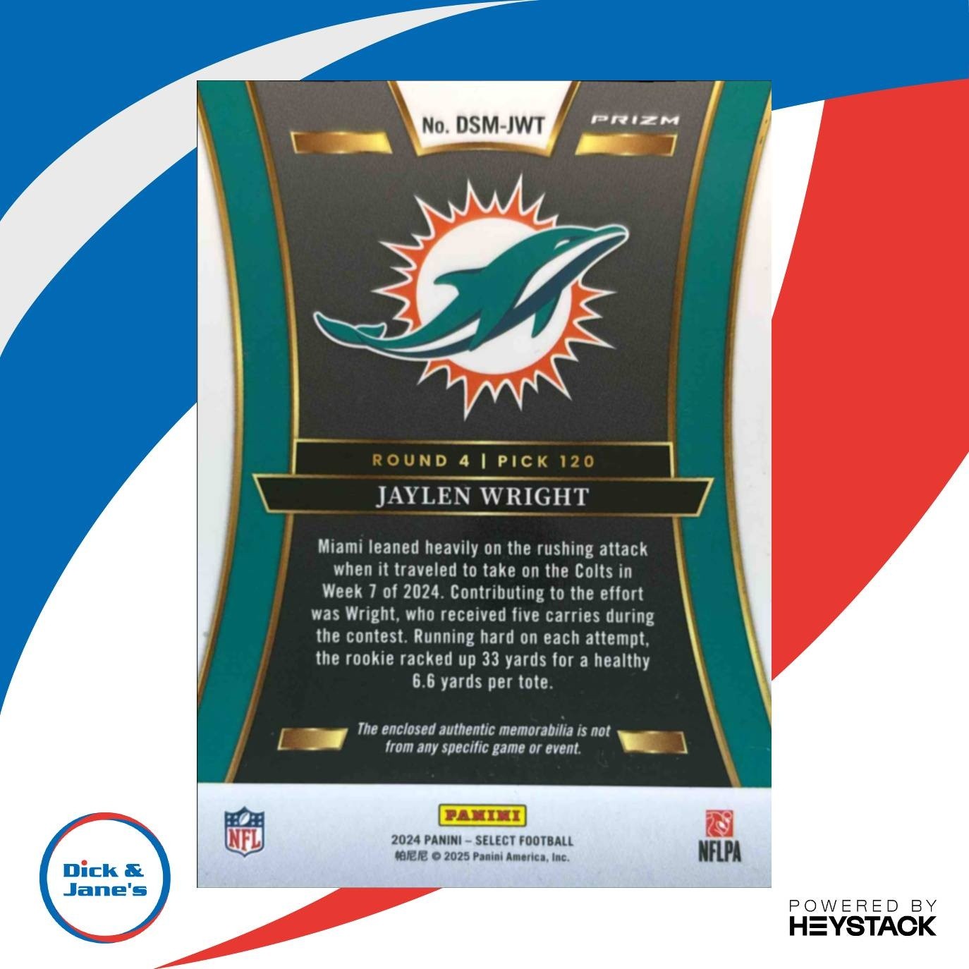 2024 Select Jaylen Wright Draft Selections Memorabilia Red Prizm RC Dolphins - Sports Cards