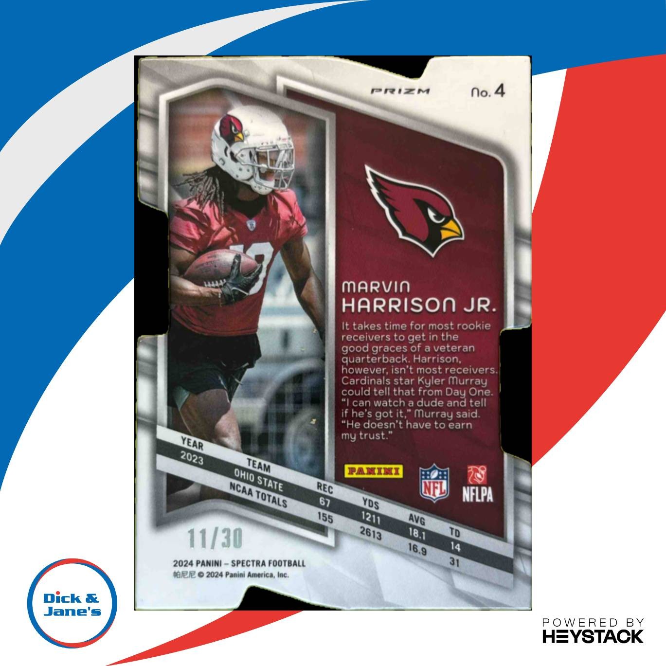 2024 Spectra Marvin Harrison Jr. Neon Green Die-Cut 11/30 RC Arizona Cardinals - Sports Cards