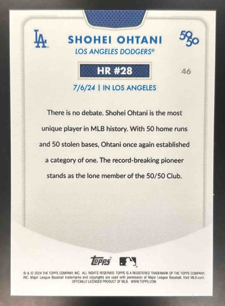 2024 Topps 50/50: Shohei Ohtani HR 28 Chrome Blue 23/150 #46 Los Angeles Dodgers - Sports Cards