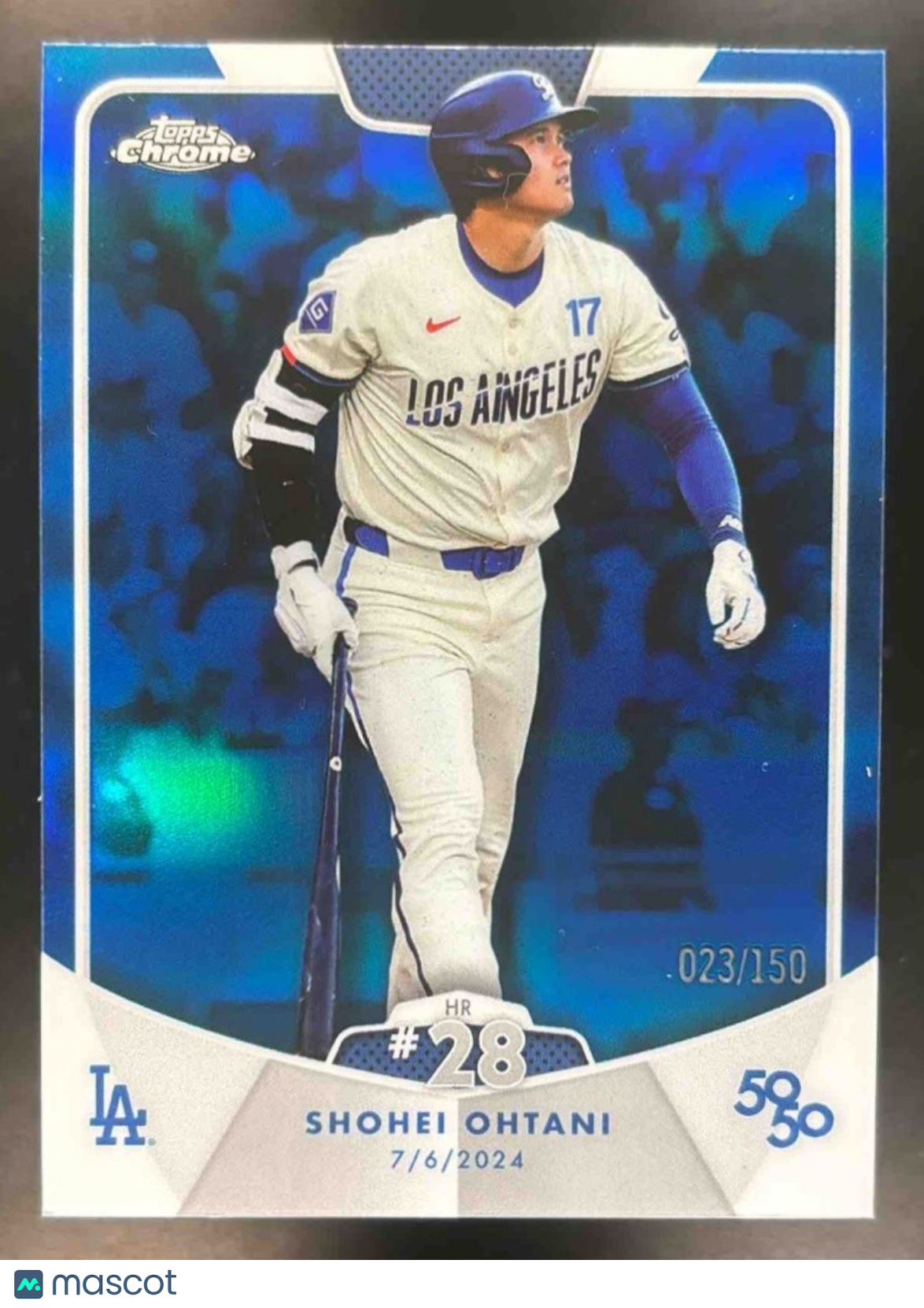 2024 Topps 50/50: Shohei Ohtani HR 28 Chrome Blue 23/150 #46 Los Angeles Dodgers - Sports Cards