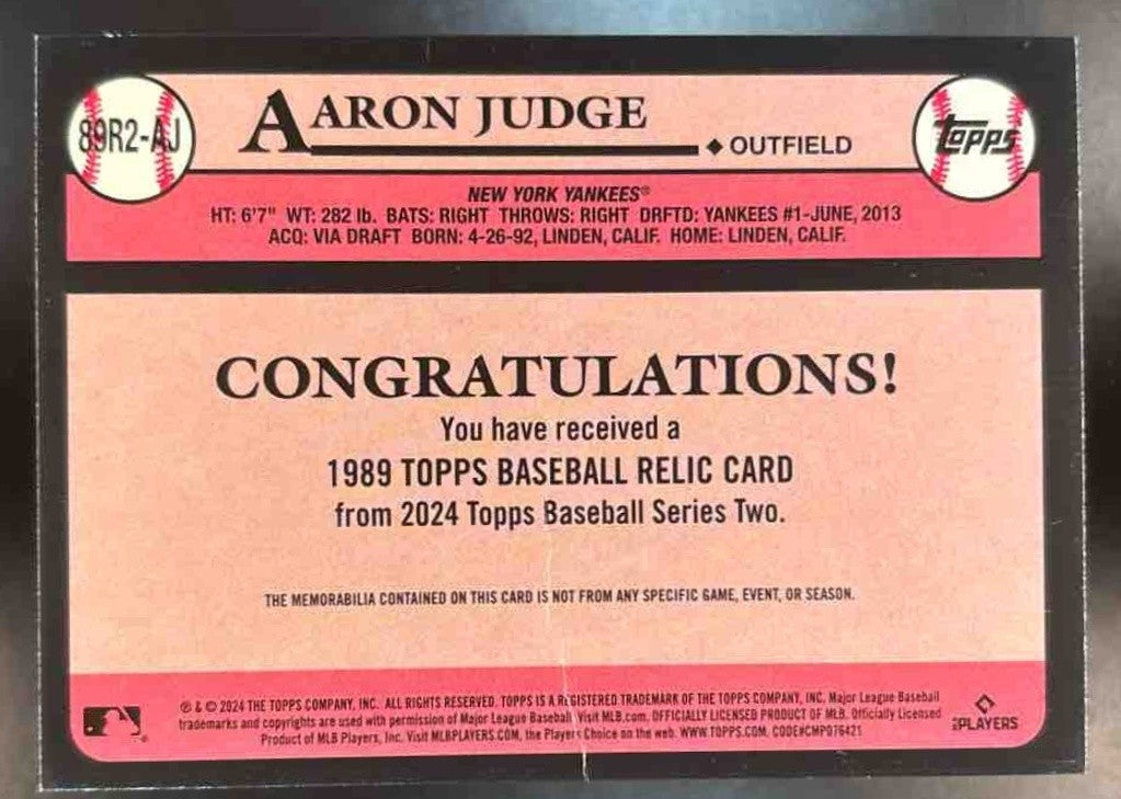 2024 Topps Aaron Judge 1989 Baseball 35th Anniversary Relic MEM New York Yankees - Sports Cards