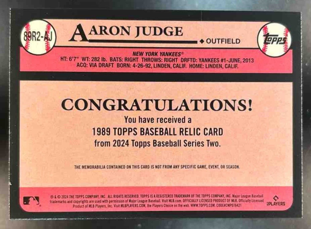 2024 Topps Aaron Judge 1989 Baseball 35th Anniversary Relics Series Two Yankees - Sports Cards