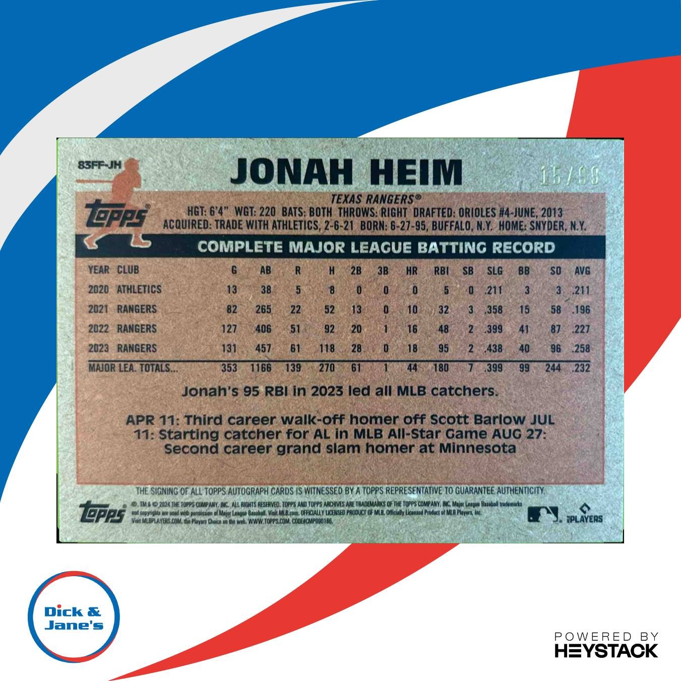 2024 Topps Archives Jonah Heim 83 Fan Favorites Auto Green Foilboard 15/99 #83FF - Sports Cards