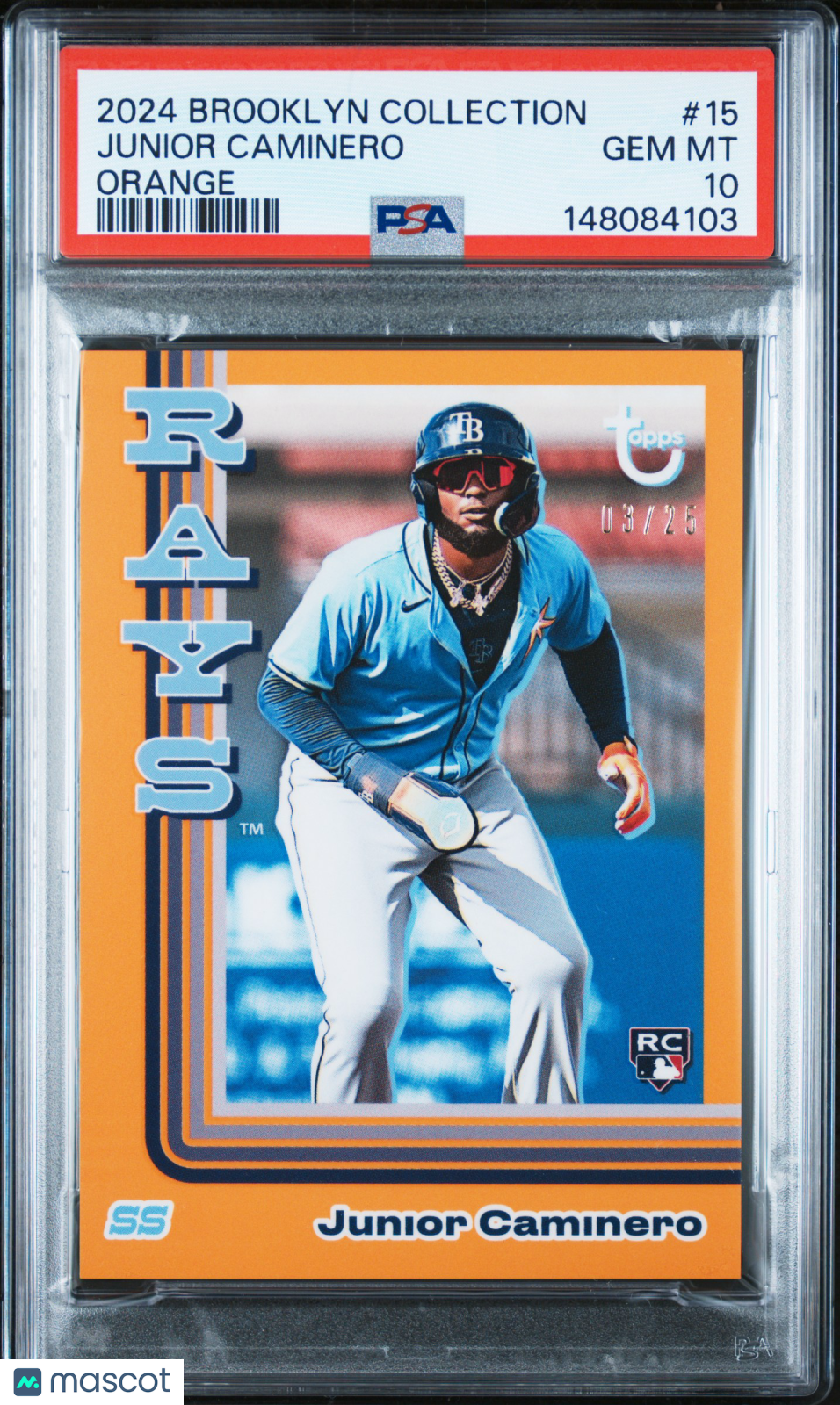 2024 Topps Brooklyn Collection Junior Caminero Orange 03/25 #15 PSA 10 GEM MINT - Graded Sports Cards