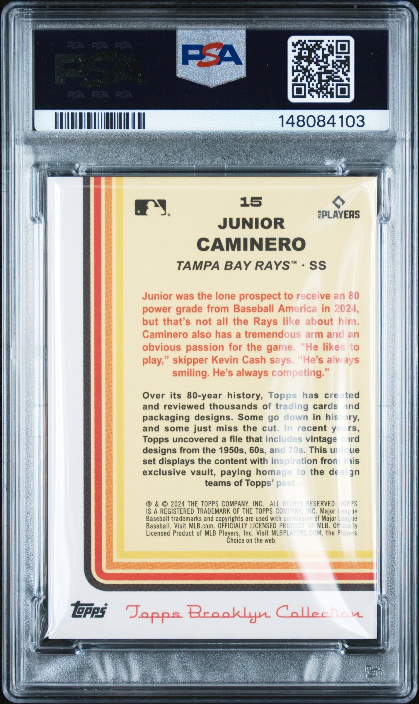 2024 Topps Brooklyn Collection Junior Caminero Orange 03/25 #15 PSA 10 GEM MINT - Graded Sports Cards