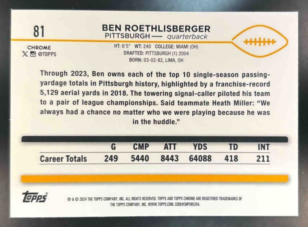 2024 Topps Chrome Ben Roethlisberger Magenta Speckle /399 #81 Pittsburgh Steeler - Sports Cards
