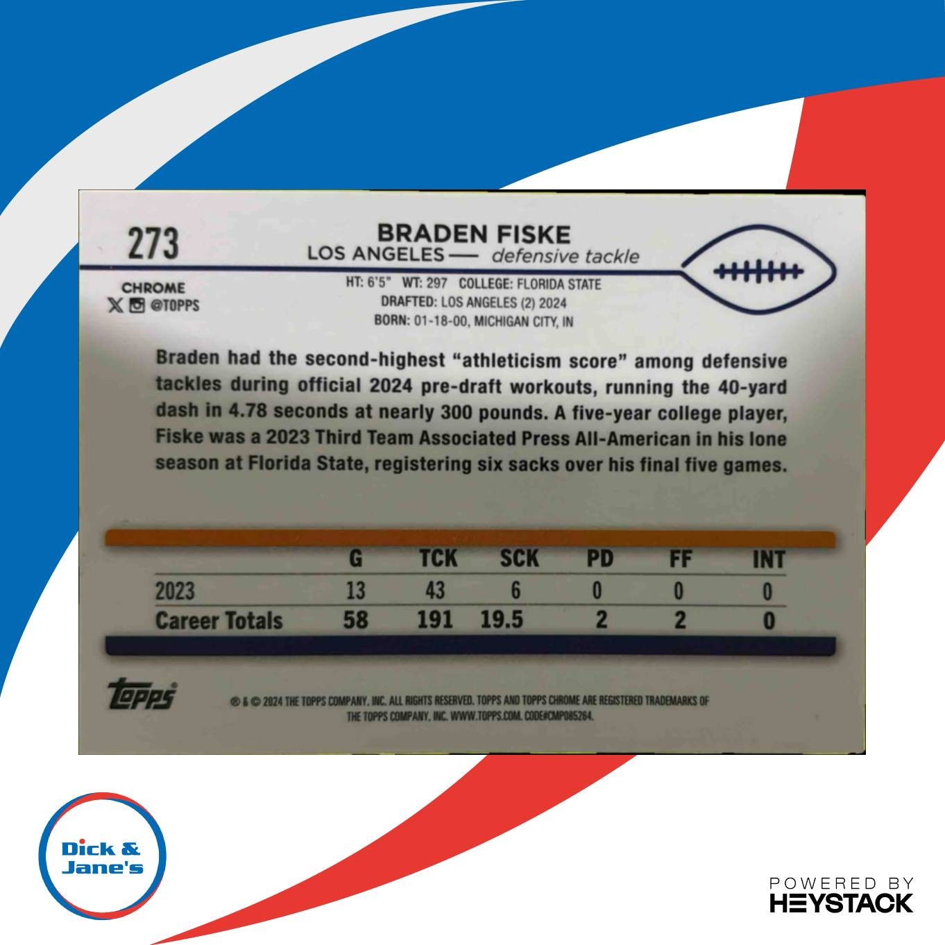 2024 Topps Chrome Braden Fiske Green Refractor 53/99 #273 RC Los Angeles Rams - Sports Cards