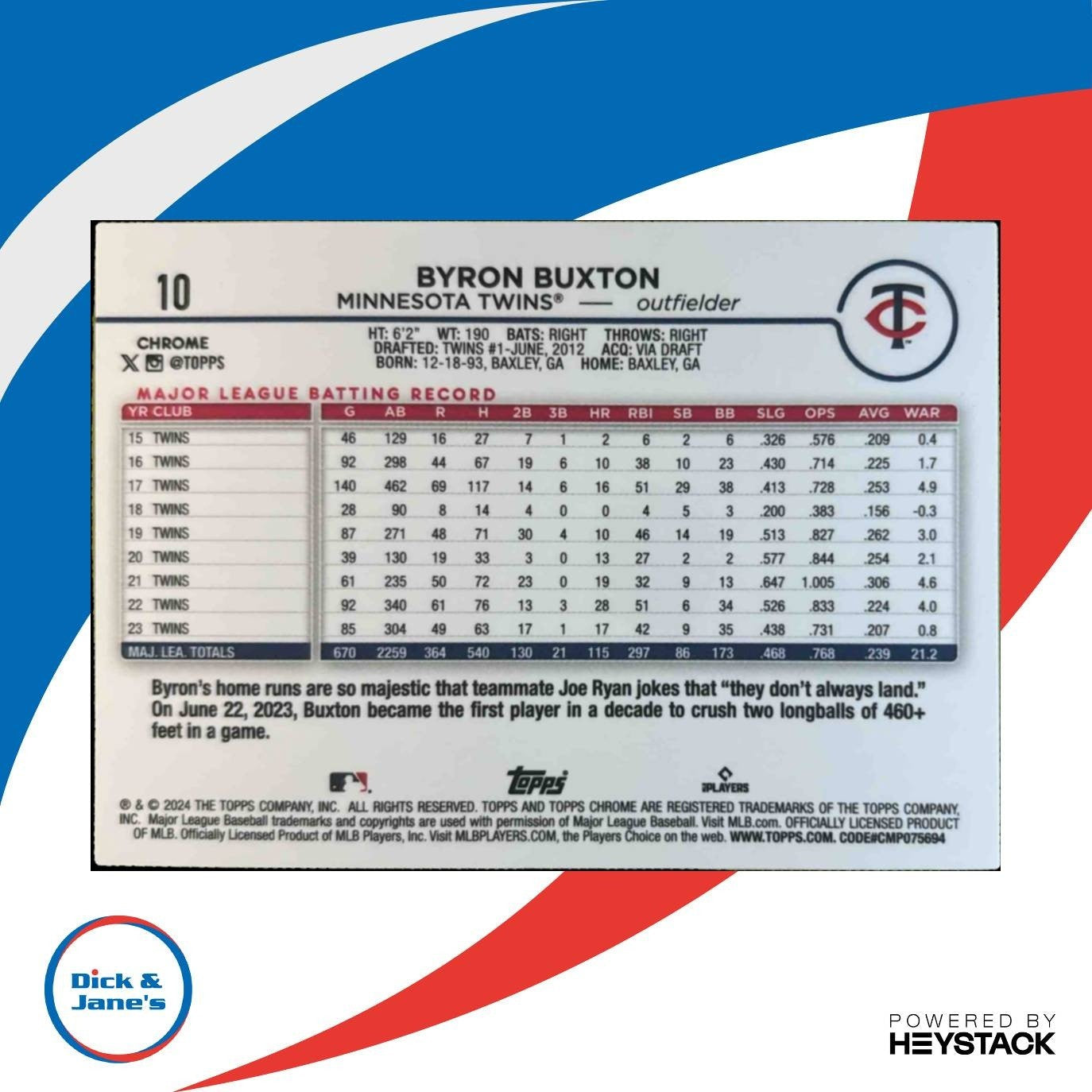 2024 Topps Chrome Byron Buxton Blue Raywave Refractor /150 #10 Minnesota Twins - Sports Cards