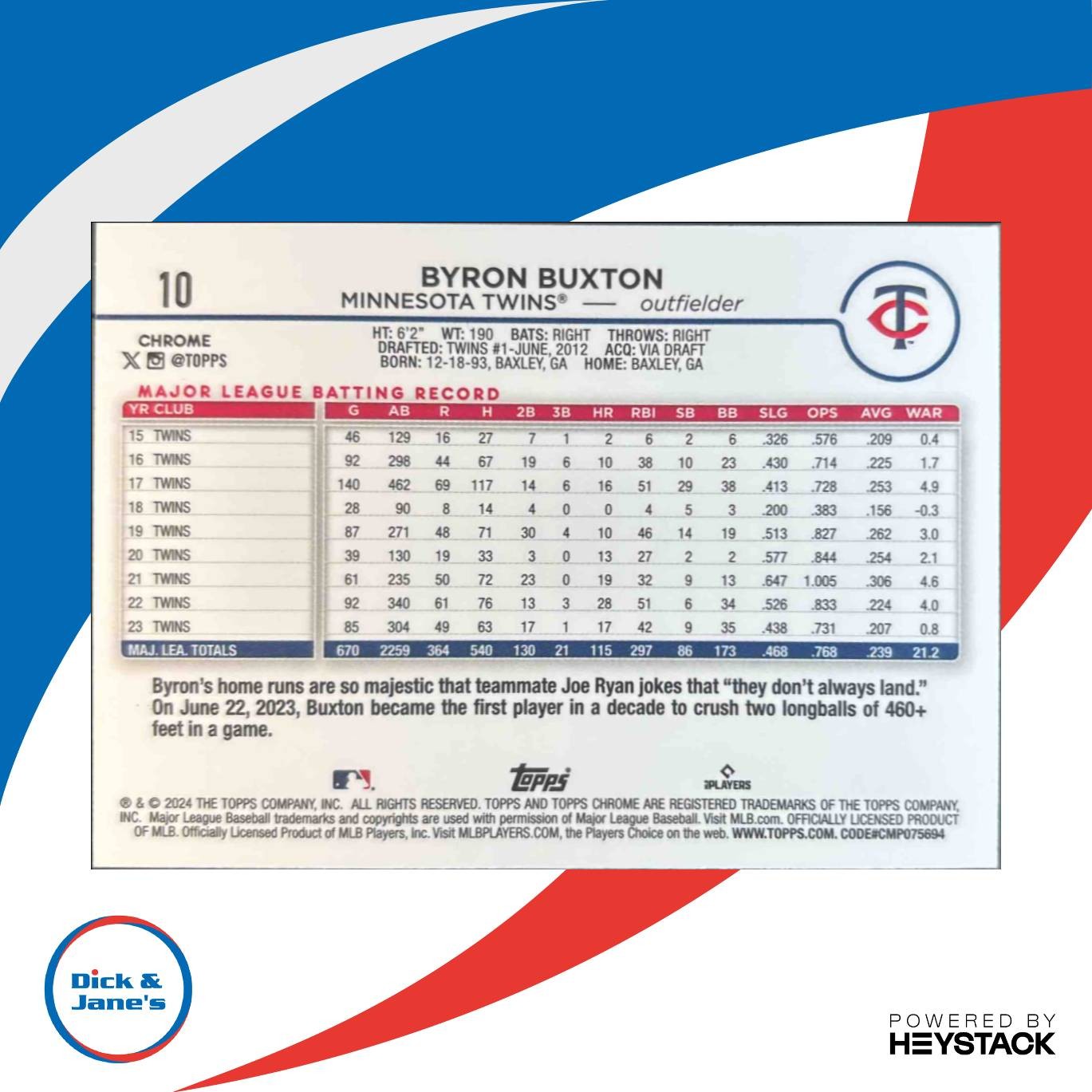 2024 Topps Chrome Byron Buxton Orange Refractor 23/25 #10 Minnesota Twins - Sports Cards