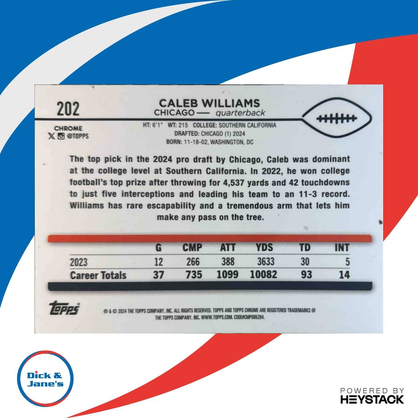 2024 Topps Chrome Caleb Williams Prism Refractor #202 RC Chicago Bears - Sports Cards