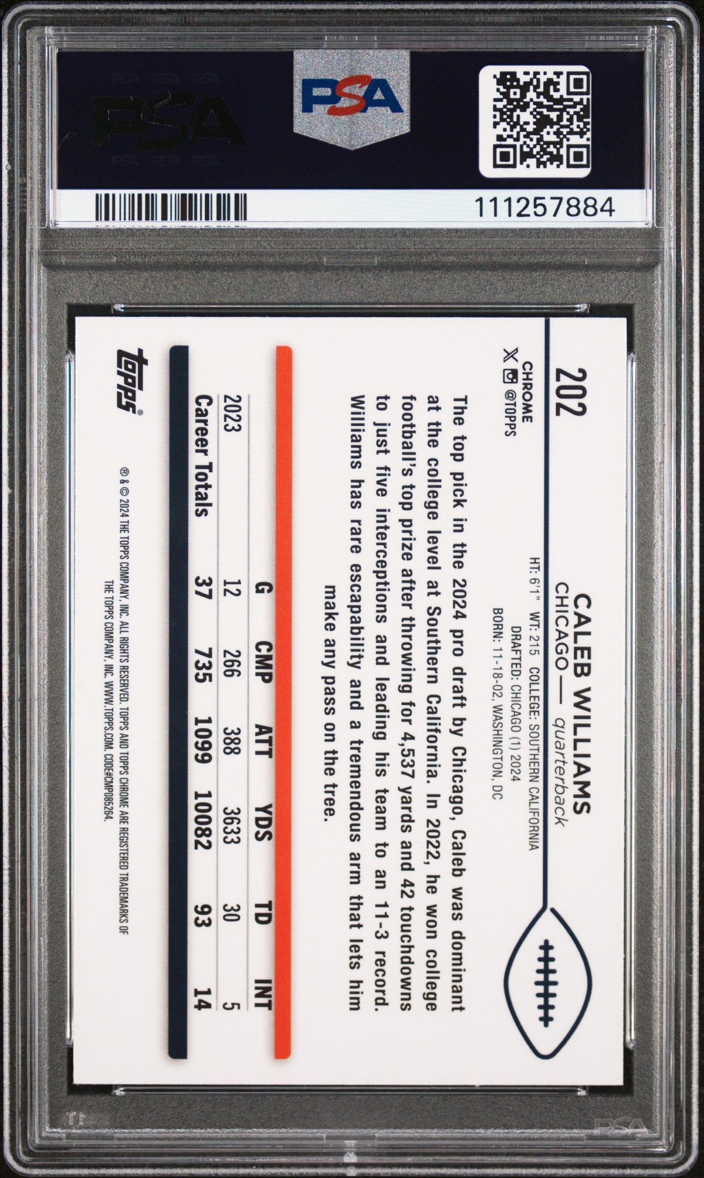 2024 Topps Chrome Caleb Williams Rookie #202 PSA 10 GEM MINT Chicago Bears - Graded Sports Cards