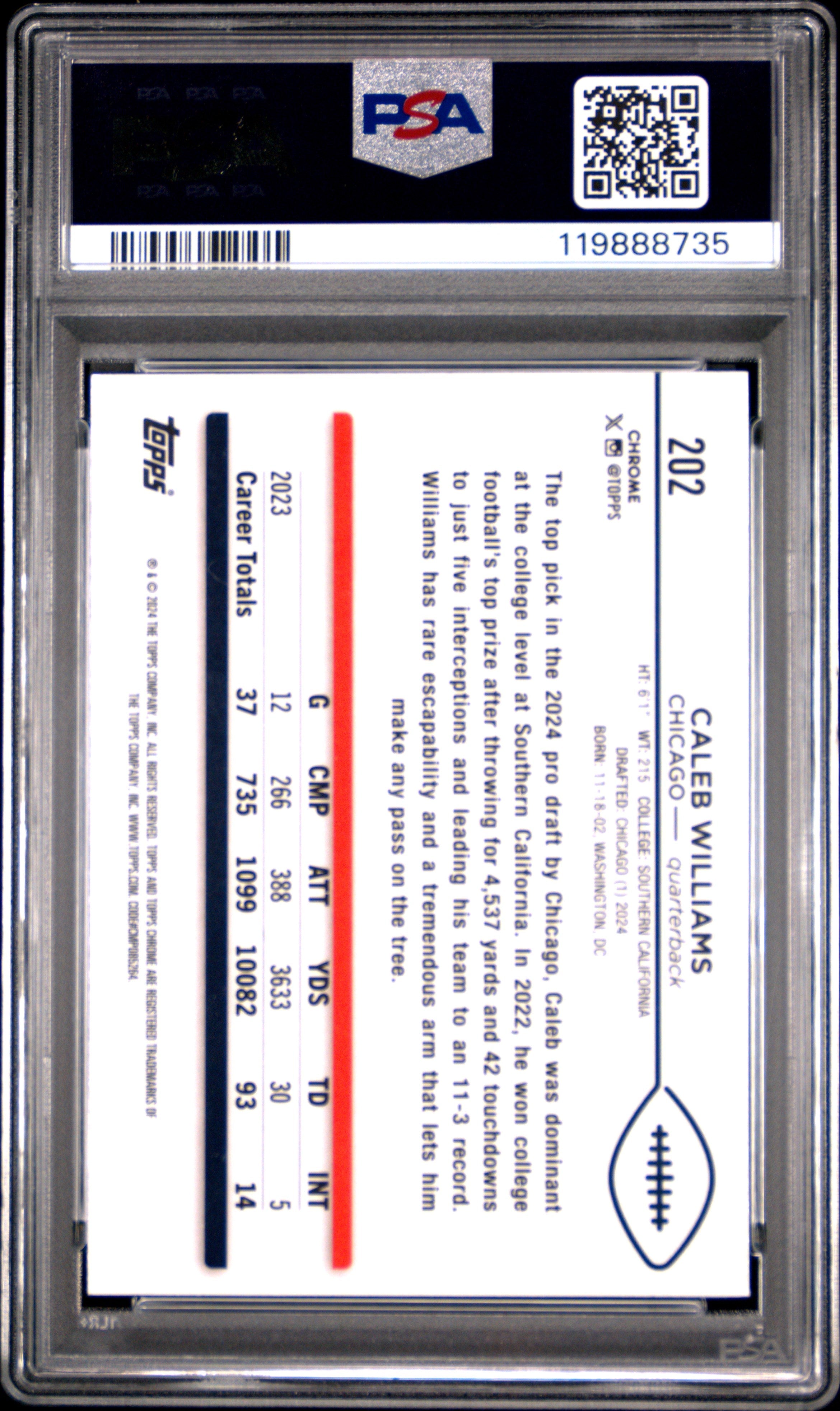 2024 Topps Chrome Caleb Williams X Fractor Rookie #202 PSA 10 GEM MINT Chicago - Graded Sports Cards