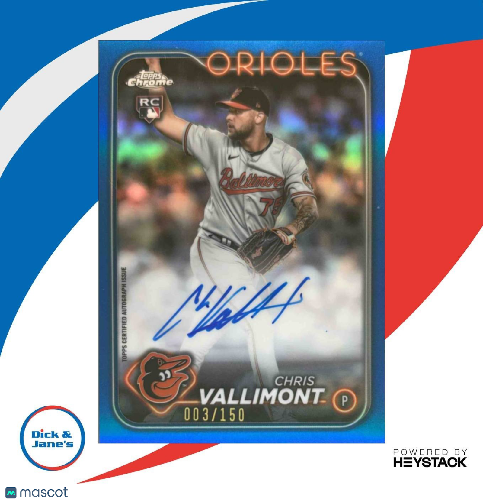 2024 Topps Chrome Chris Vallimont Rookie Auto Blue Refractor 3/150 RC Orioles - Sports Cards