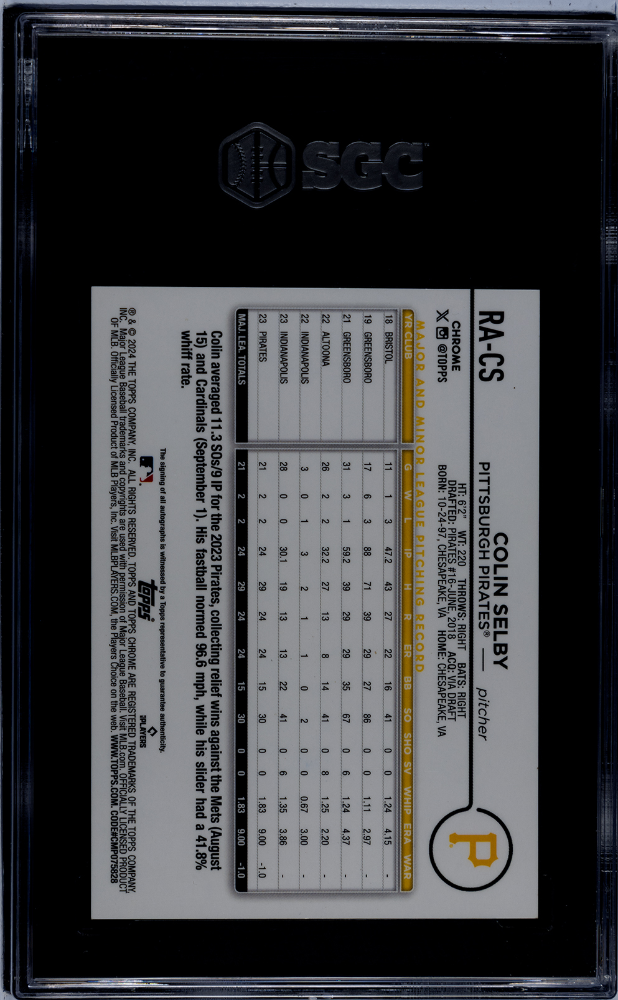2024 Topps Chrome Colin Selby Blue Refractor 102/150 Rookie Auto SGC 9.5 Pirates - Graded Sports Cards