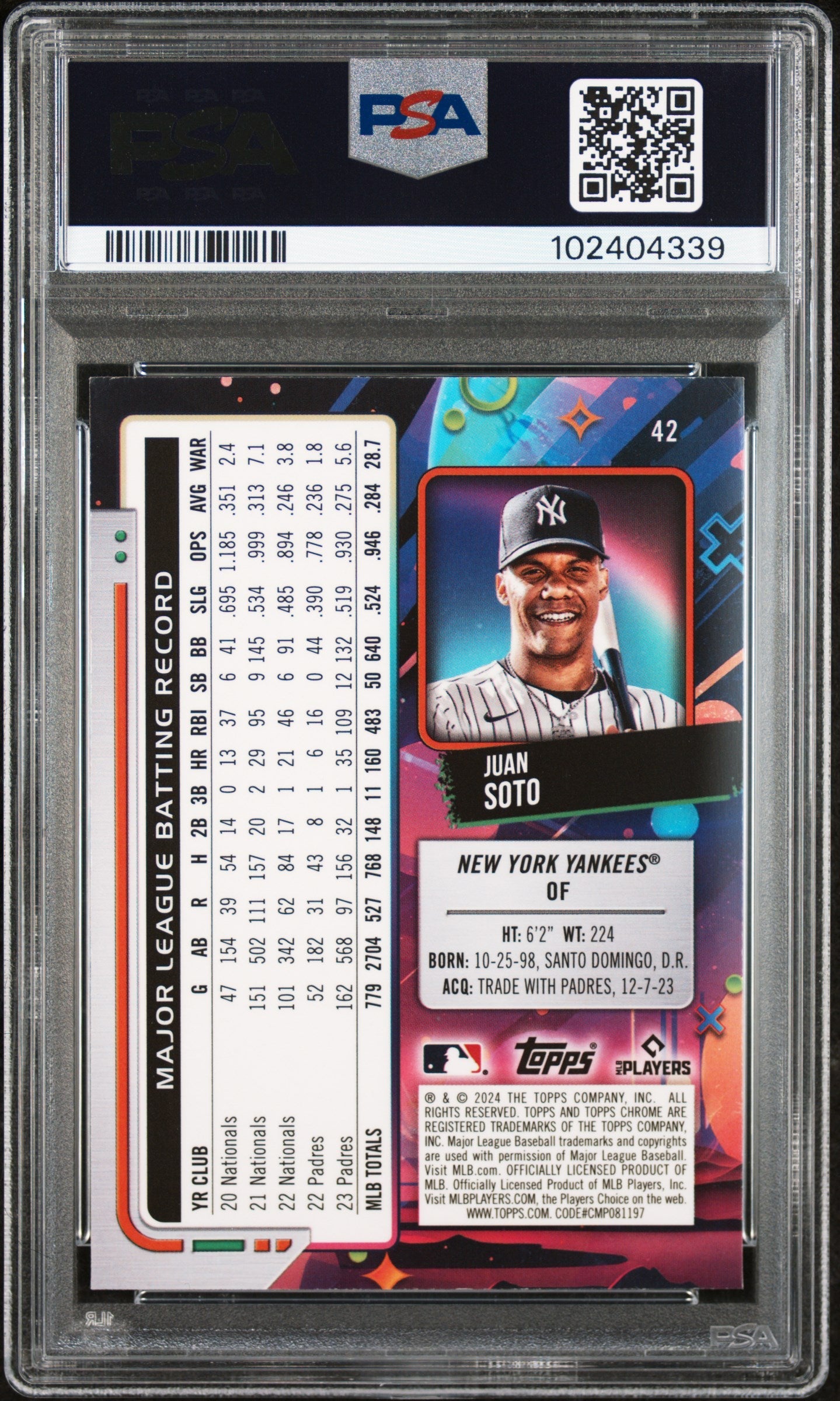 2024 Topps Chrome Cosmic Juan Soto Blue Moon Refractor #42 PSA 8 - Graded Sports Cards