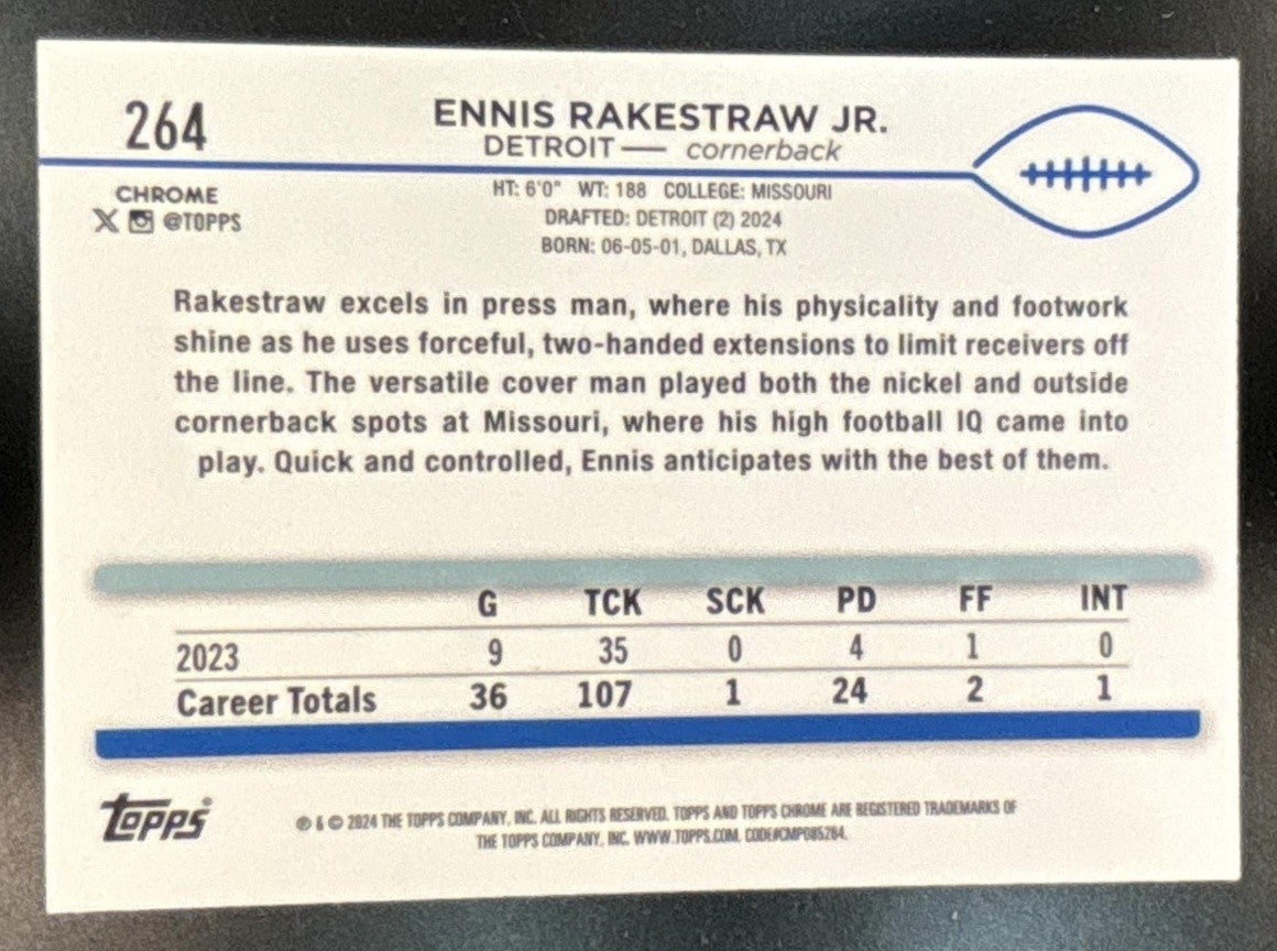 2024 Topps Chrome Ennis Rakestraw Jr. Aqua Refractor /199 #264 RC Detroit Lions - Sports Cards