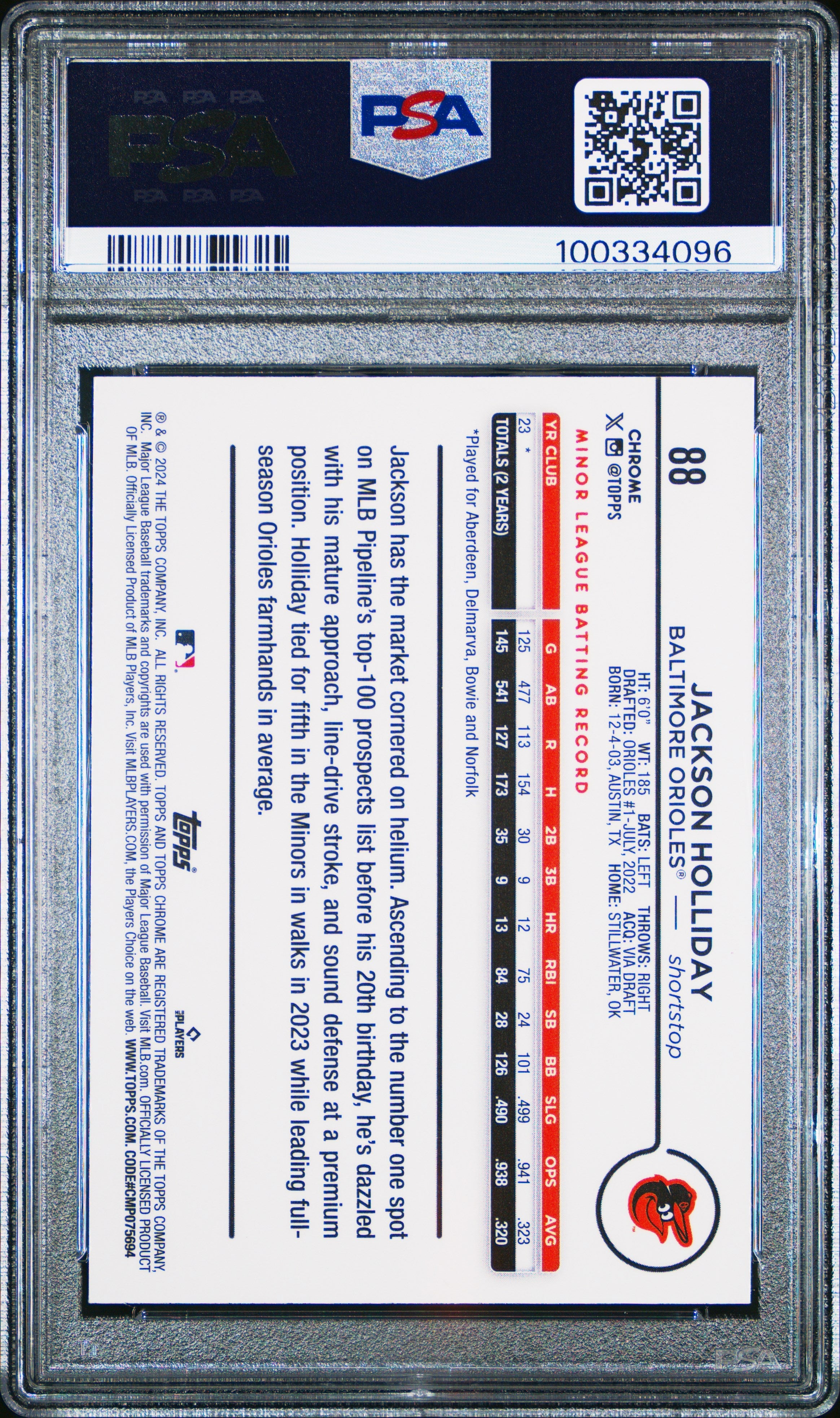 2024 Topps Chrome Jackson Holliday Pink Refractor #88 PSA 10 - Graded Sports Cards