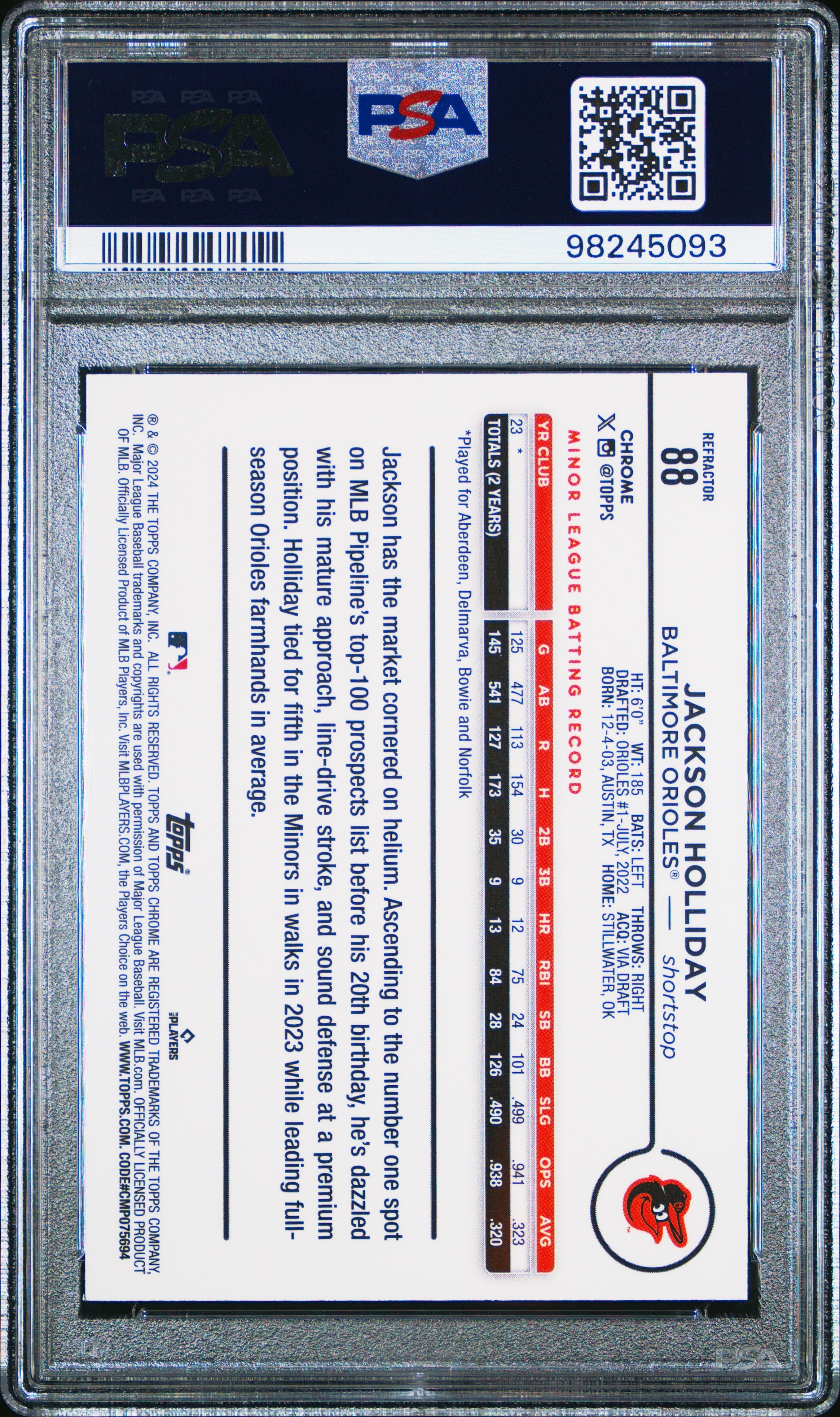 2024 Topps Chrome Jackson Holliday Refractor #88 PSA 9 - Graded Sports Cards