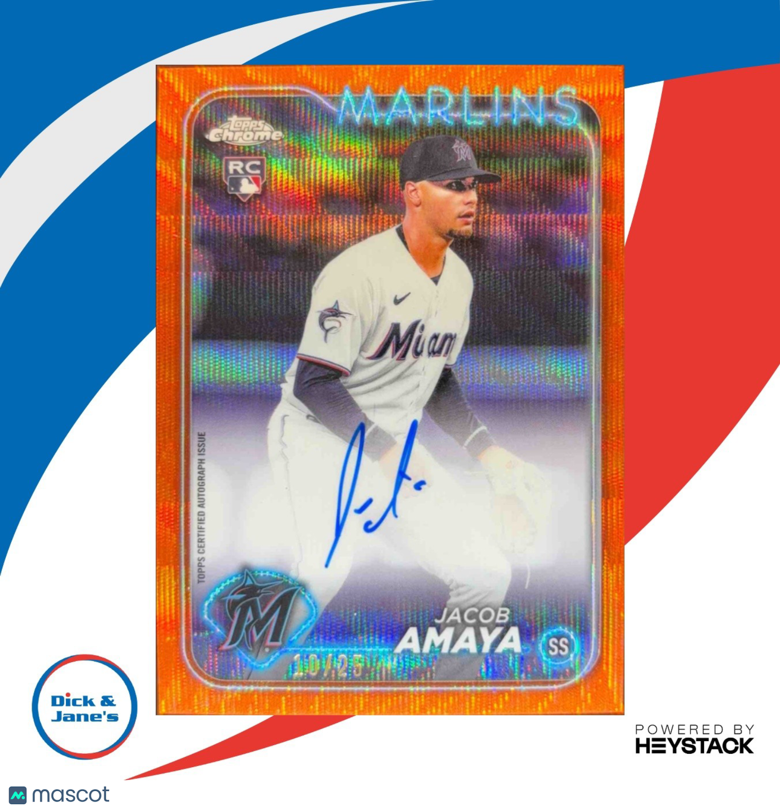 2024 Topps Chrome Jacob Amaya Rookie Auto Orange Wave Refractor 10/25 Marlins - Sports Cards
