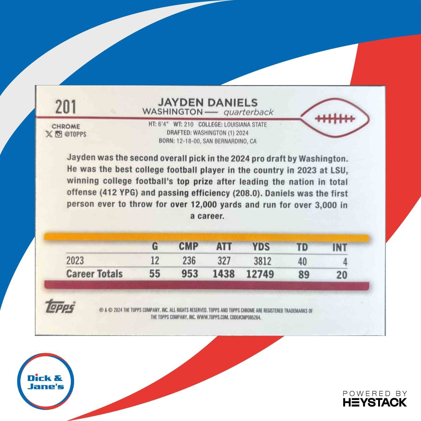 2024 Topps Chrome Jayden Daniels Magenta Refractor 373/399 #201 RC Commanders - Sports Cards