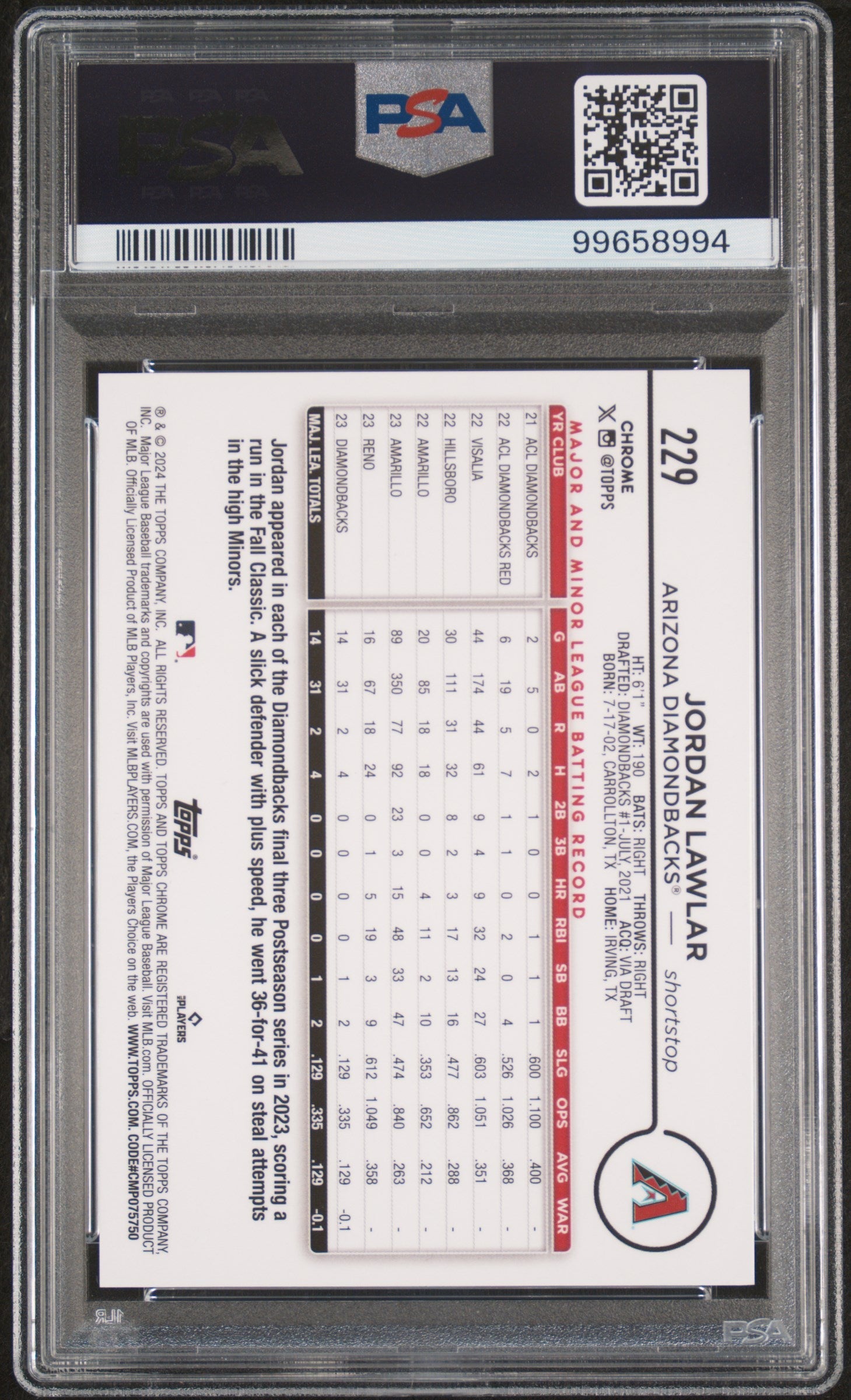 2024 Topps Chrome Jordan Lawlar Variation Black Speckle Ref Rookie 01/10 PSA 8 - Graded Sports Cards