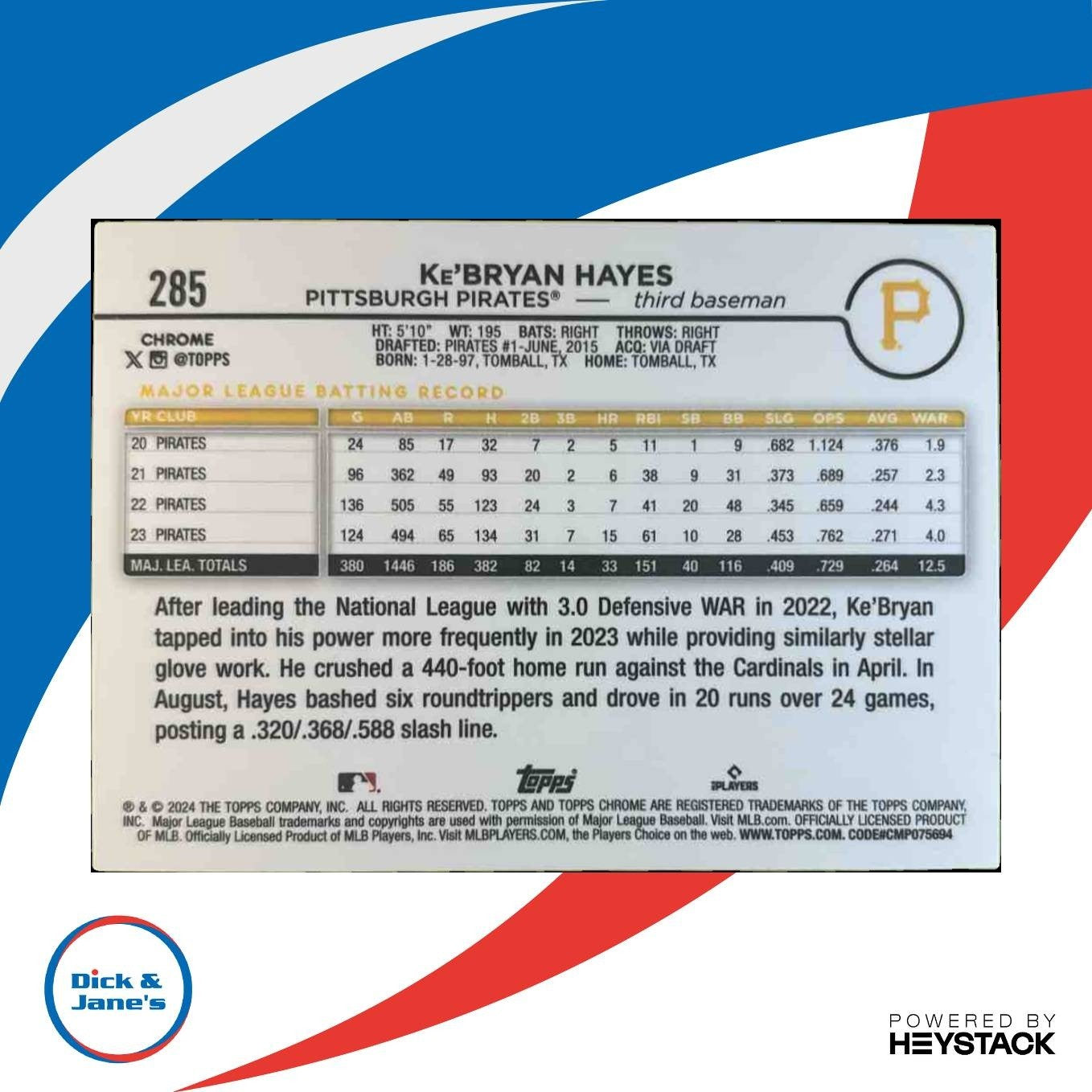 2024 Topps Chrome Ke Bryan Hayes Green Wave 68/99 #285 Pittsburgh Pirates - Sports Cards