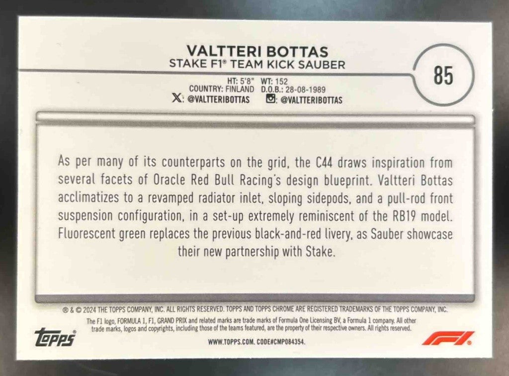 2024 Topps Chrome Logofractor Edition Formula 1 Valtteri Bottas Gold /50 #85 - Sports Cards