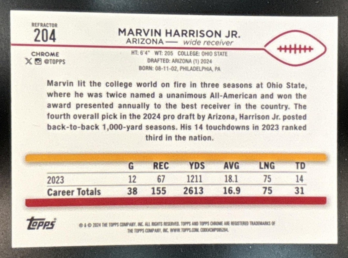 2024 Topps Chrome Marvin Harrison Jr. Refractor #204 RC Arizona Cardinals - Sports Cards
