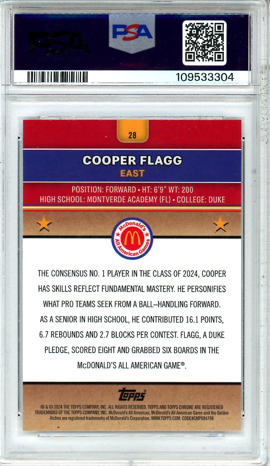 2024 Topps Chrome Mcdonald’s All American Cooper Flagg Raywave #28 PSA 9 MINT - Graded Sports Cards
