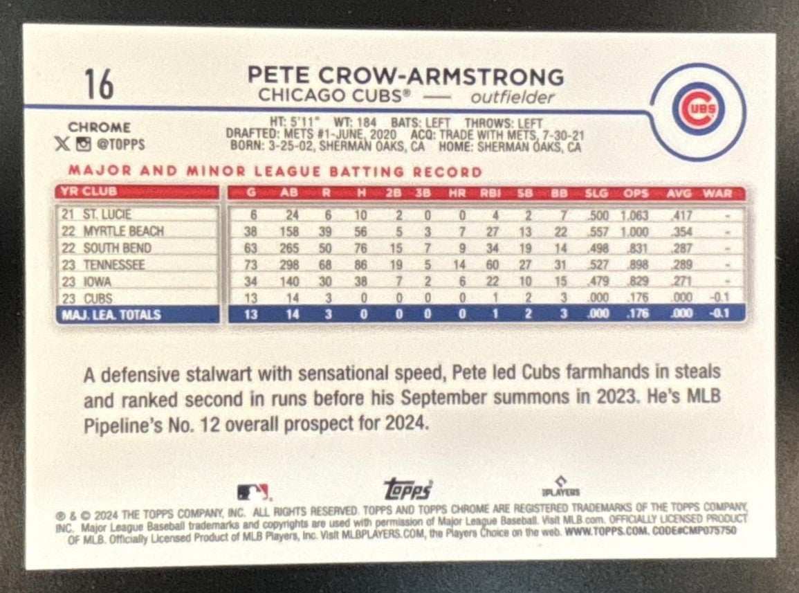 2024 Topps Chrome Pete Crow-Armstrong Image Variations #16 RC Chicago Cubs - Sports Cards