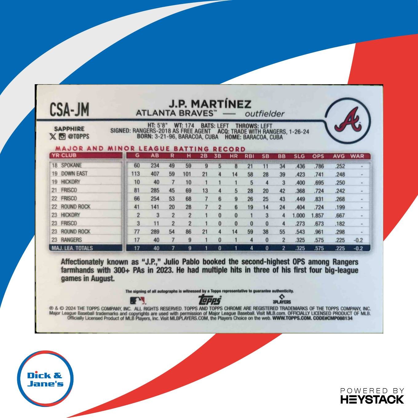 2024 Topps Chrome Sapphire J.P. Martinez Auto Green Refractor 82/99 RC Braves - Sports Cards