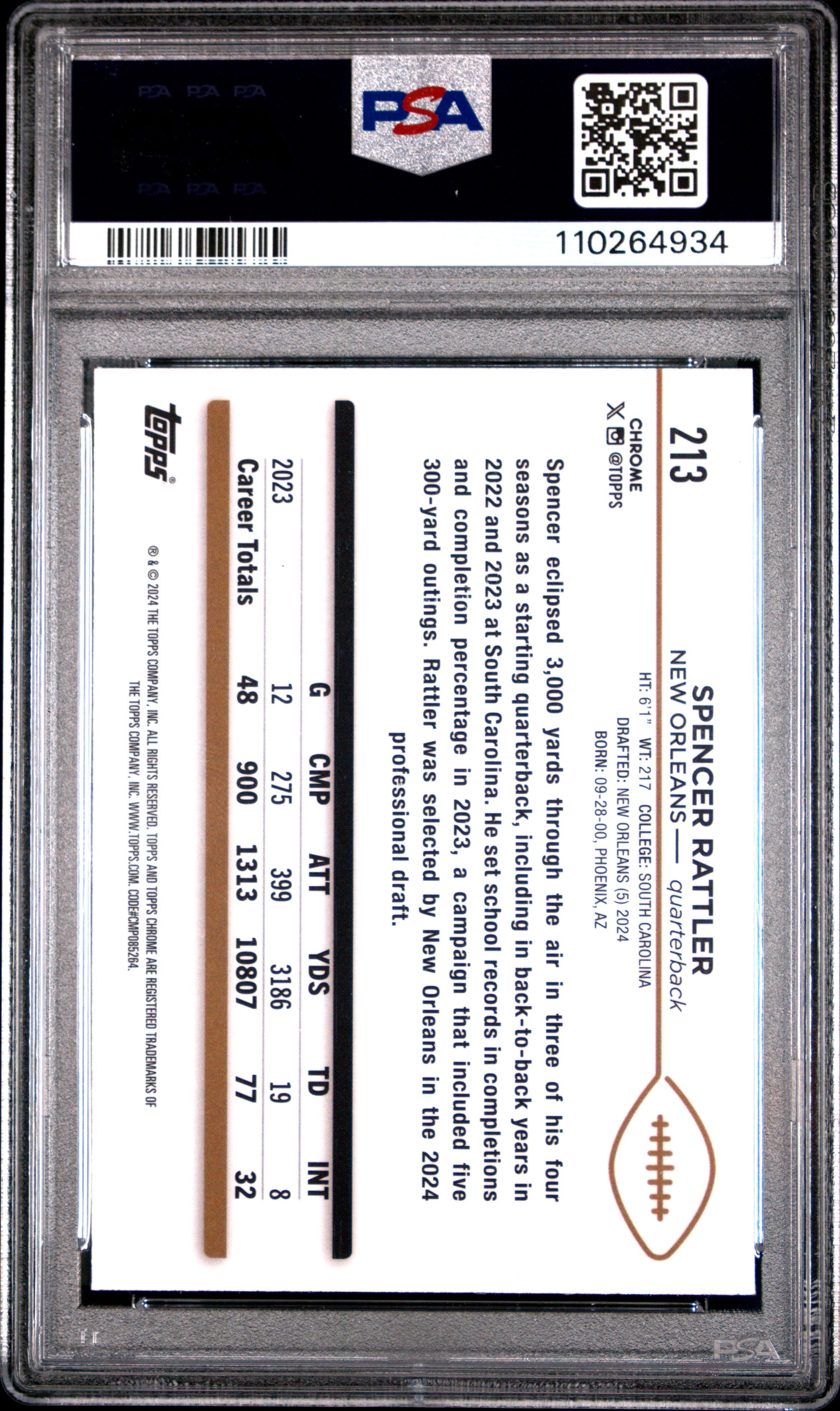 2024 Topps Chrome Spencer Rattler Purple Refractor Rookie #213 PSA 8 - Graded Sports Cards