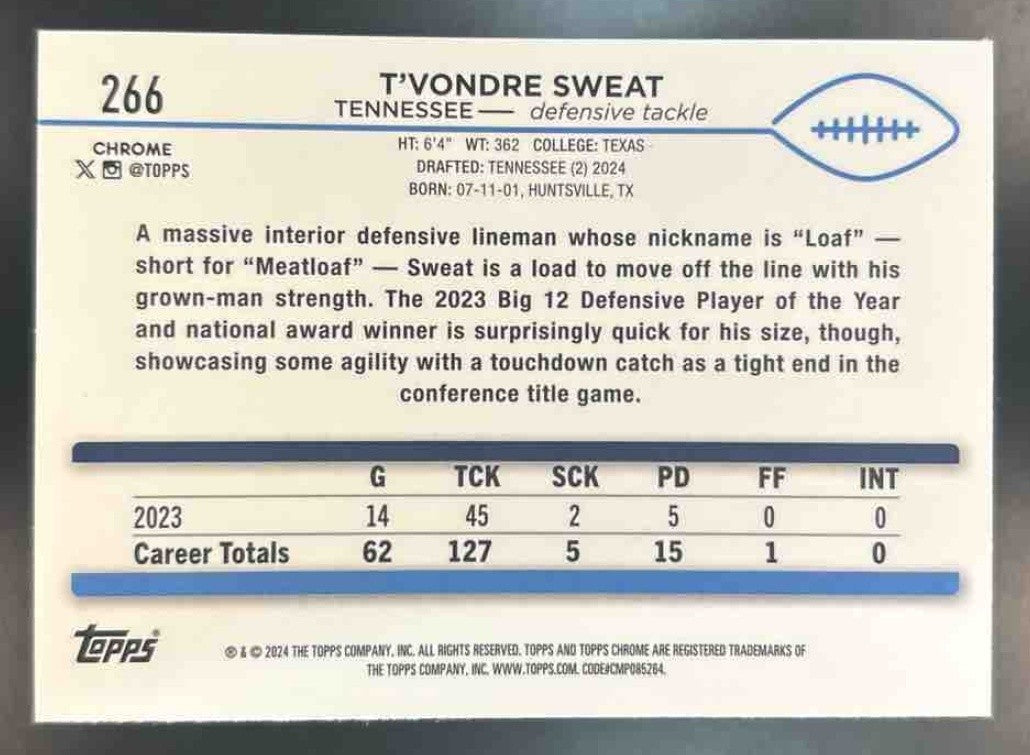 2024 Topps Chrome T’Vondre Sweat Magenta Speckle /399 #266 RC Tennessee Titans - Sports Cards