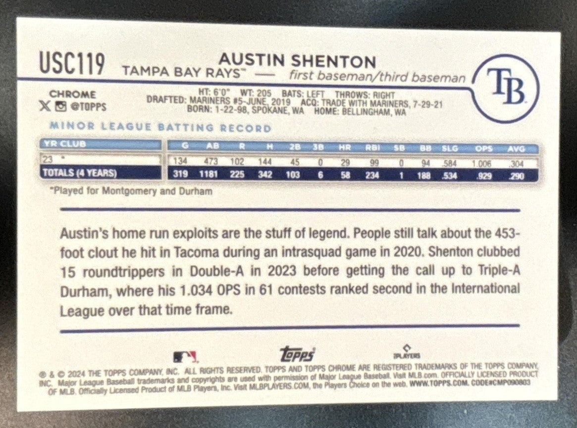 2024 Topps Chrome Update Austin Shenton Frozenfractor -4/0 #USC119 RC Rays - Sports Cards