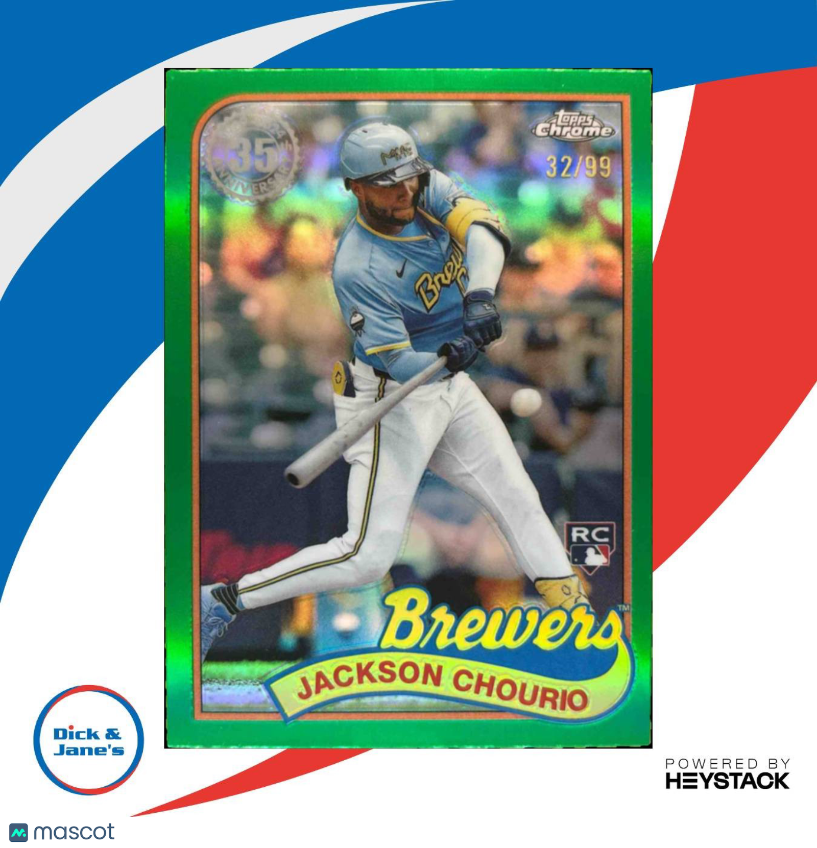 2024 Topps Chrome Update Jackson Chourio 35th 1989 Green Refractor 32/99 RC - Sports Cards