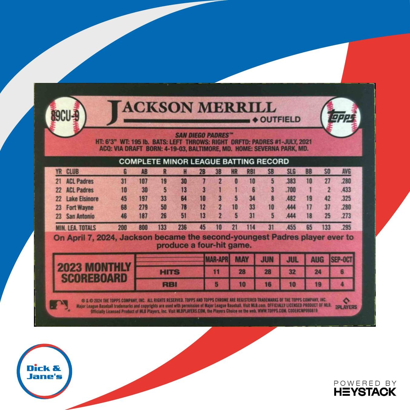 2024 Topps Chrome Update Jackson Merrill 1989 Baseball #89CU-9 RC Padres - Sports Cards