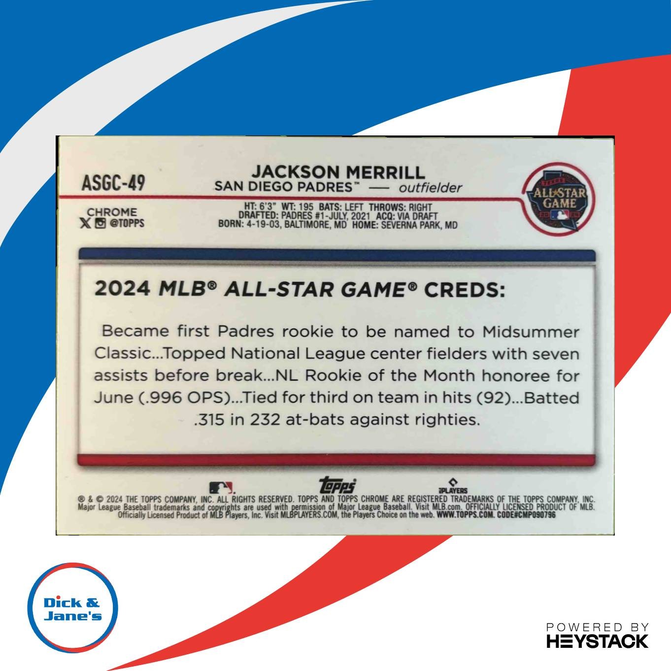 2024 Topps Chrome Update Jackson Merrill All-Star Game Refractor 49 RC Padres - Sports Cards