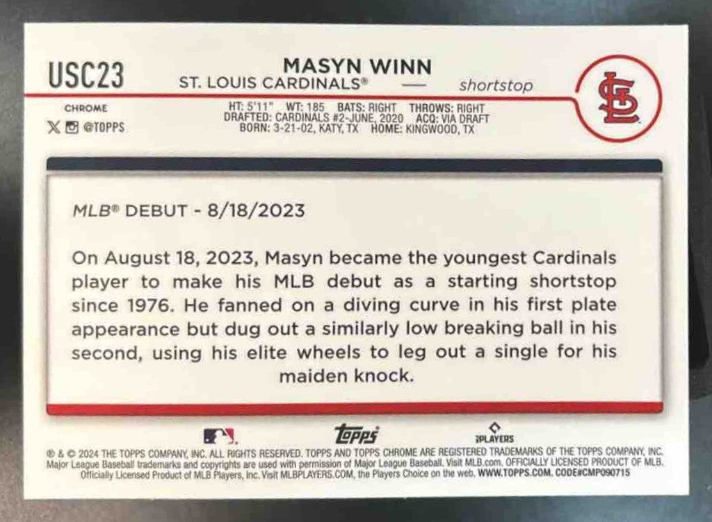 2024 Topps Chrome Update Masyn Winn Wave Green /99 #USC23 RC St. Louis Cardinals - Sports Cards